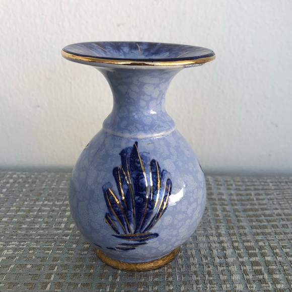 Vintage Cobalt Blue, Gold Floral Hand Painted Porcelain Bud Vase Holland 4.25” H - Picture 4 of 9